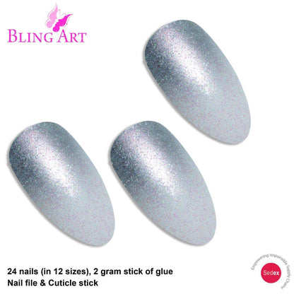 False Nails by Bling Art Silver Gel Ombre Almond Stiletto 24 Fake