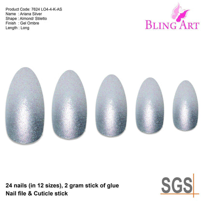 False Nails by Bling Art Silver Gel Ombre Almond Stiletto 24 Fake