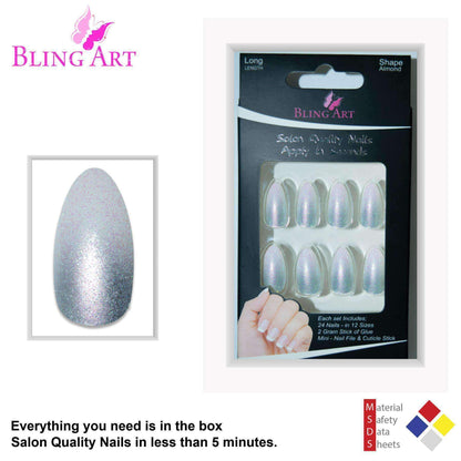 False Nails by Bling Art Silver Gel Ombre Almond Stiletto 24 Fake