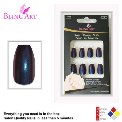 False Nails by Bling Art Blue Purple Chameleon Ballerina Coffin 24