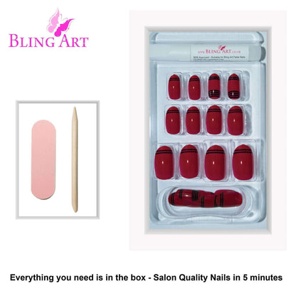 False Nails by Bling Art Red Black Glossy Oval Medium Fake 24 Acrylic