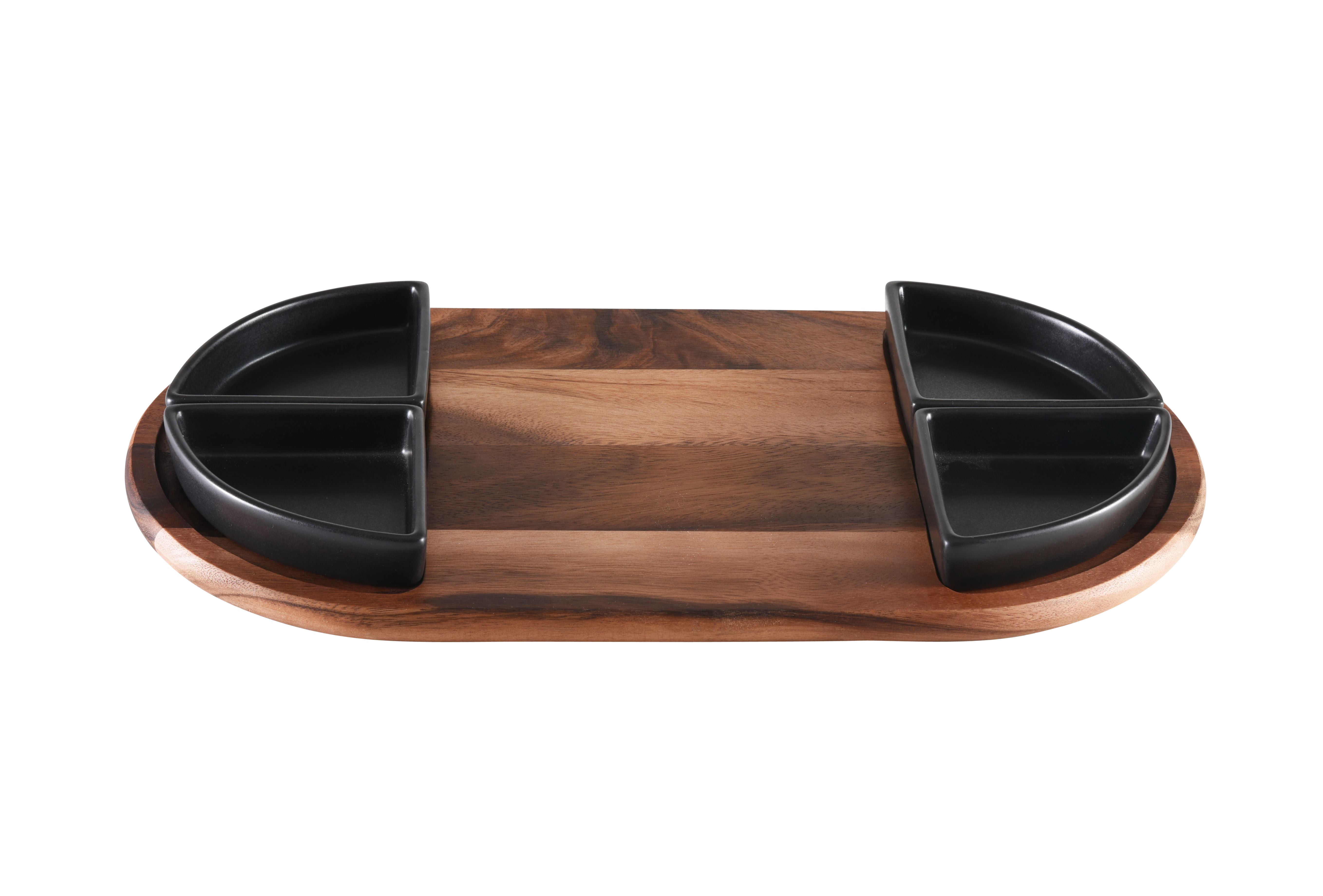 Charcuterie/ Serving Tray w/ 4 black triangular ceramic bowls Main image