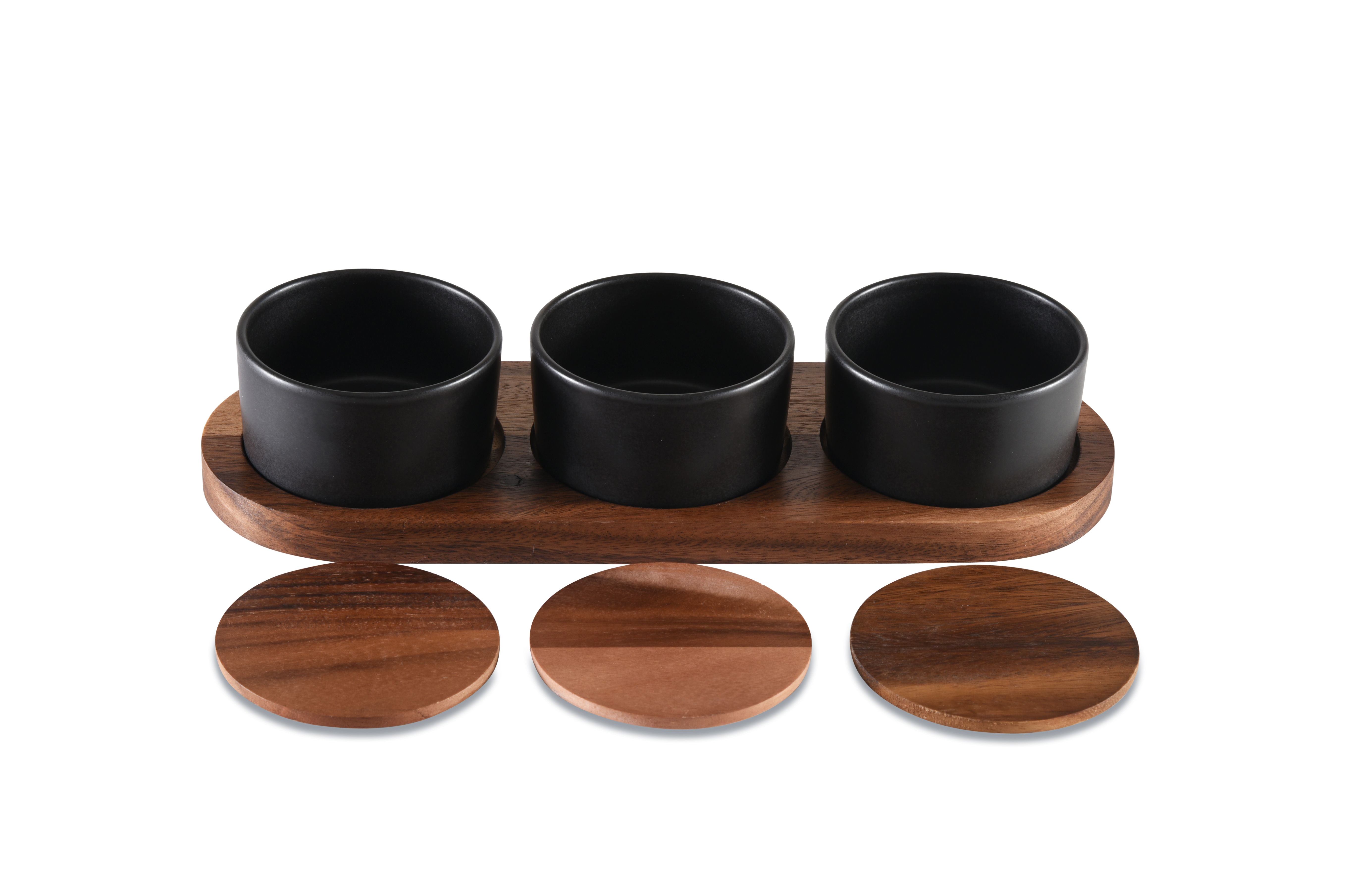 Black Ceramic Condiment Set on Acacia Wood Base Main image