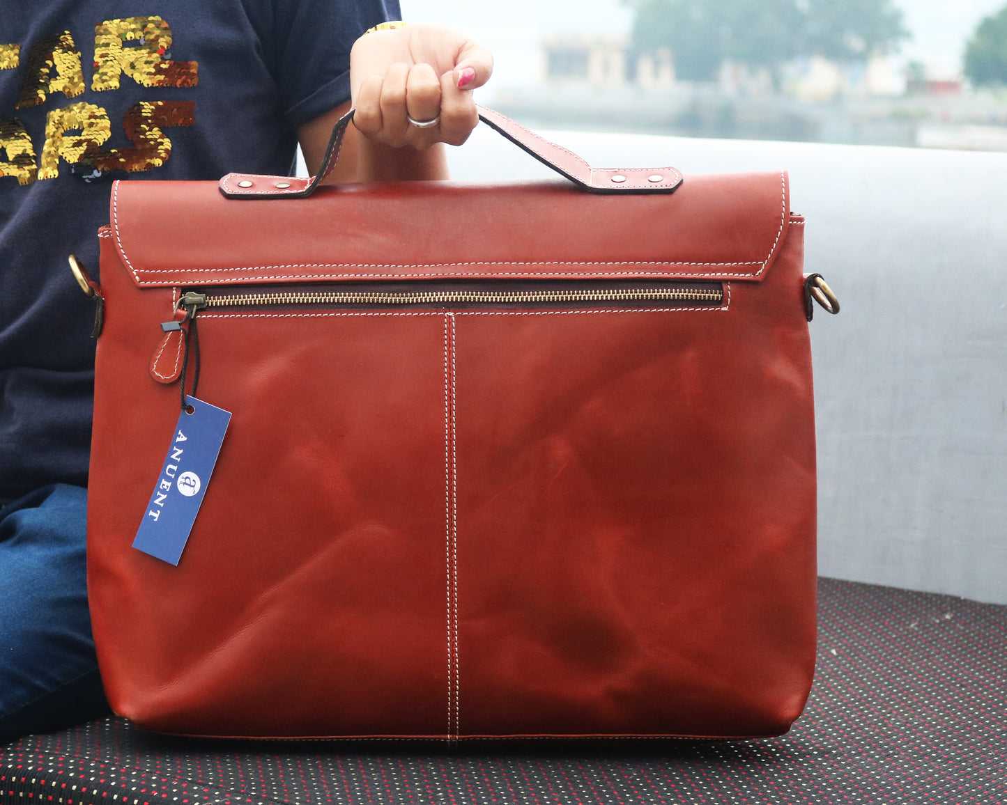 Handmade Orange Handle  Leather Laptop Bag.