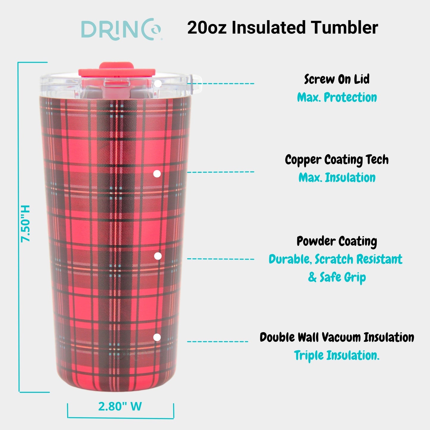 DRINCO® Seattle 20oz Insulated Tumbler Leakproof w/straw-Tartan Plaid