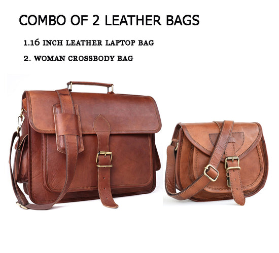 Combo Of 2, Leather Laptop Bag with Small Woman Crossbody Purse