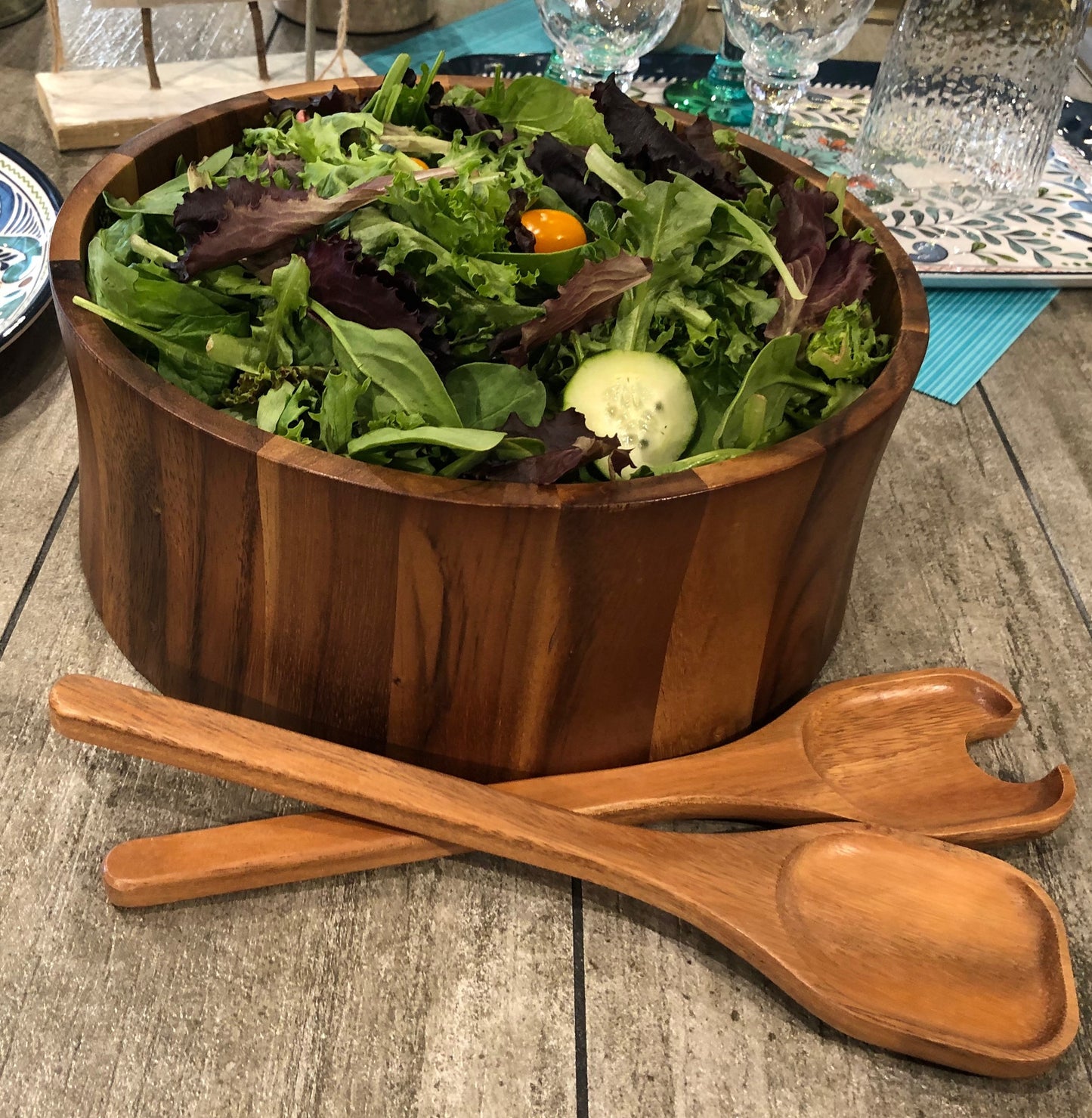 Acacia Wood Salad Bowl with Servers   12" x 5"