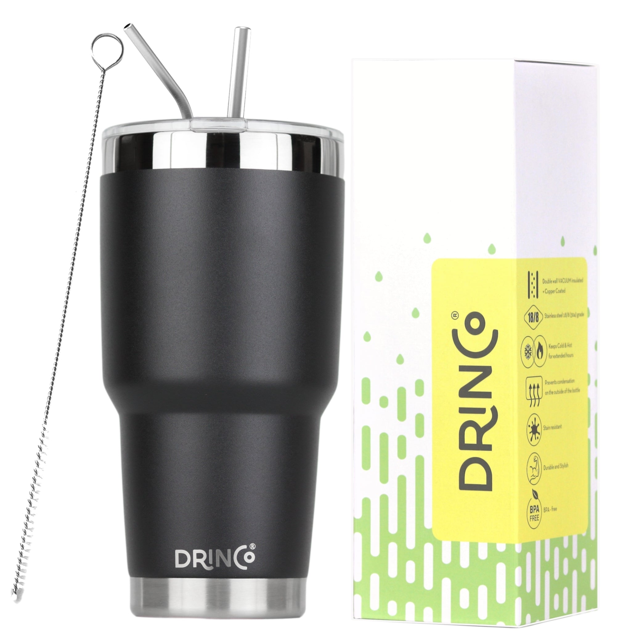DRINCO® 30oz Insulated Tumbler Spill Proof Lid w/2 Straws (Black) Main image