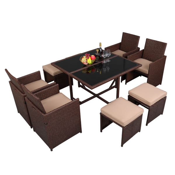 9 Pieces Wood Grain PE Wicker Rattan Dining Patio Furniture Set Main image