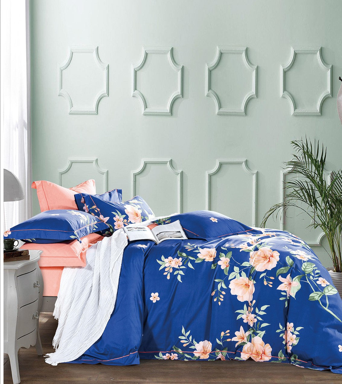 Elizabeth Blue/Orange Floral  PURE Cotton Reversible Duvet Cover Set Main image
