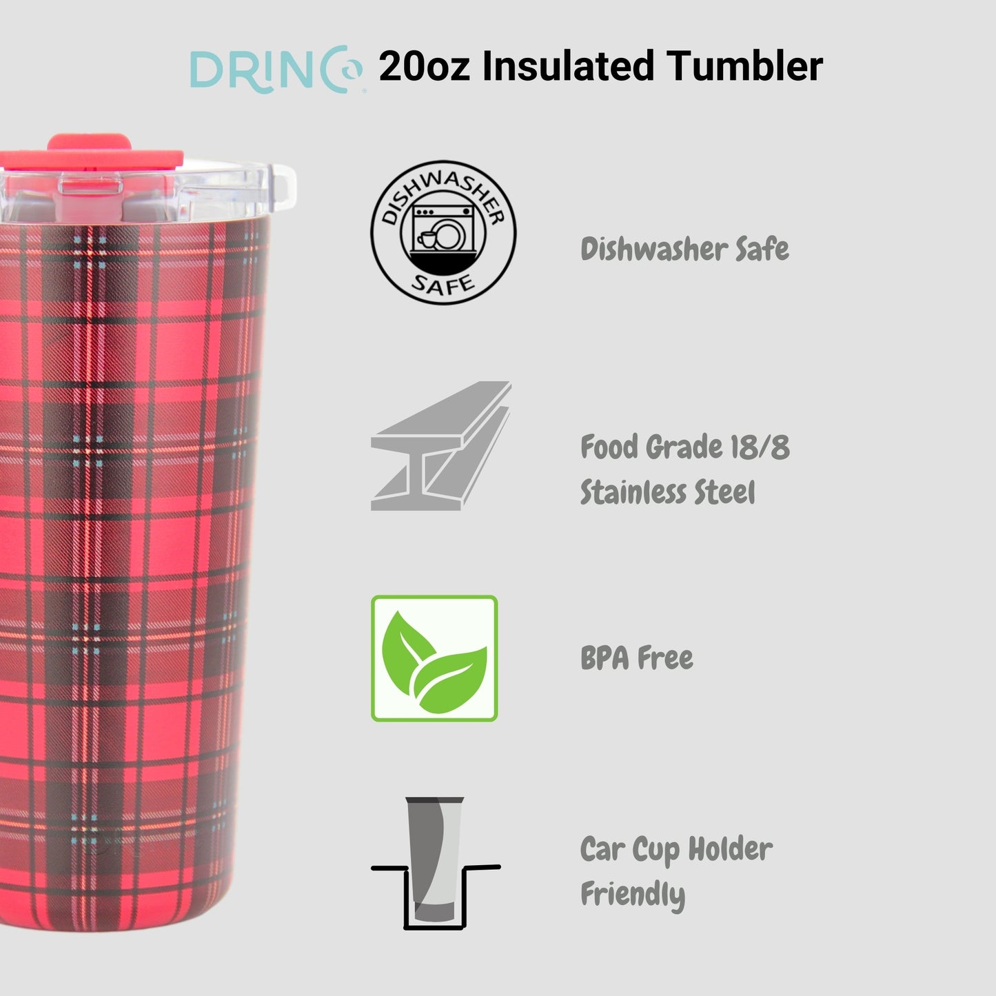 DRINCO® Seattle 20oz Insulated Tumbler Leakproof w/straw-Tartan Plaid