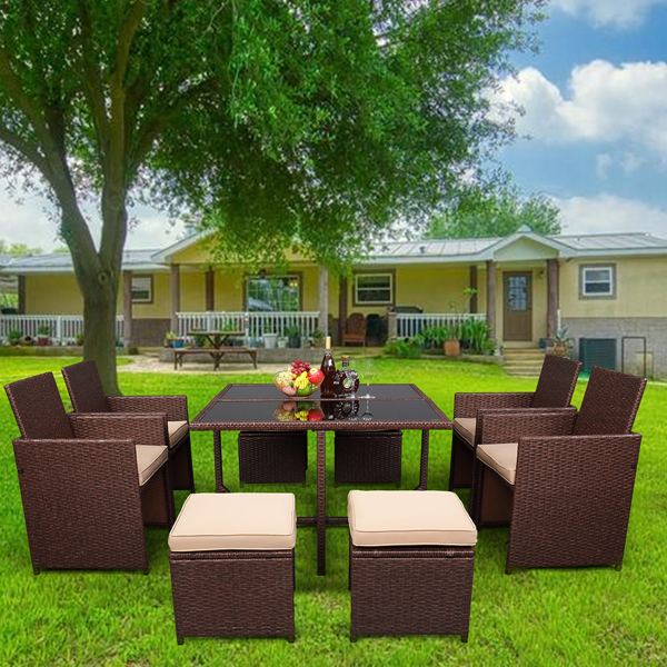 9 Pieces Wood Grain PE Wicker Rattan Dining Patio Furniture Set Secondary image