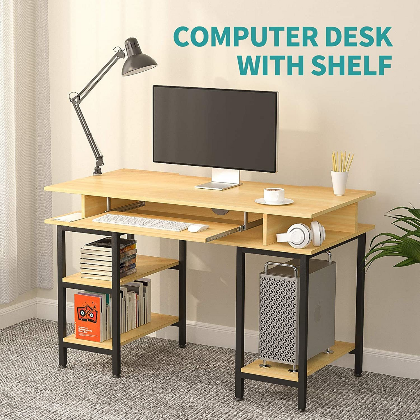 Study Writing Computer Desk with Keyboard Tray/Shelves