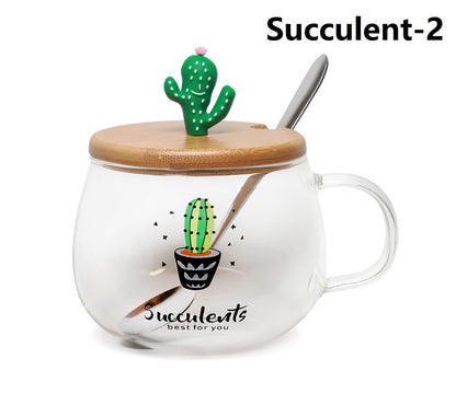 Cute Succulent Mug Glass Mug with Spoon
