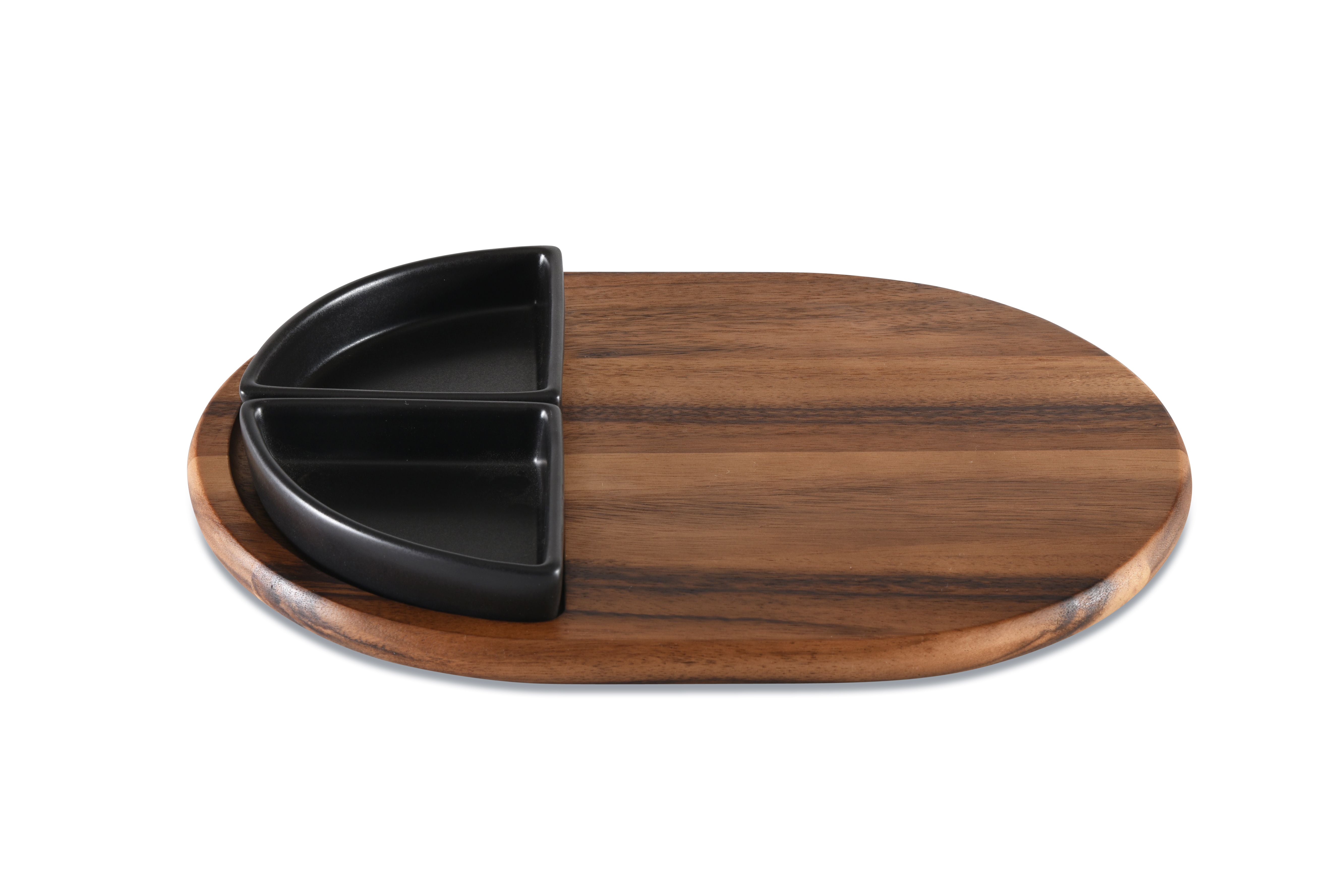 Charcuterie/ Serving Tray w/ 2 black triangular ceramic bowls Main image