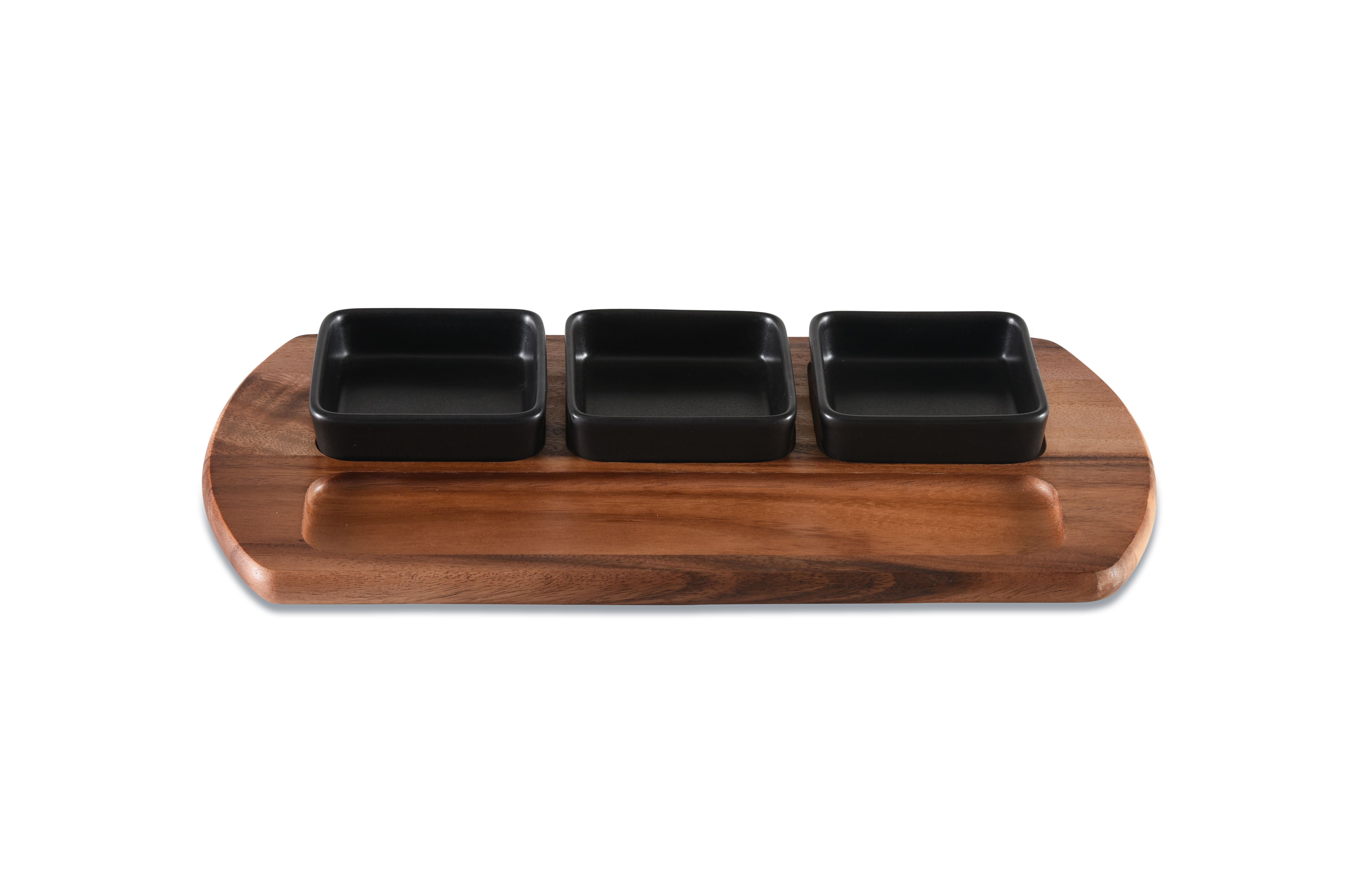 Charcuterie/ Serving Tray w/ 3 black square ceramic bowls   9" x 18" Main image