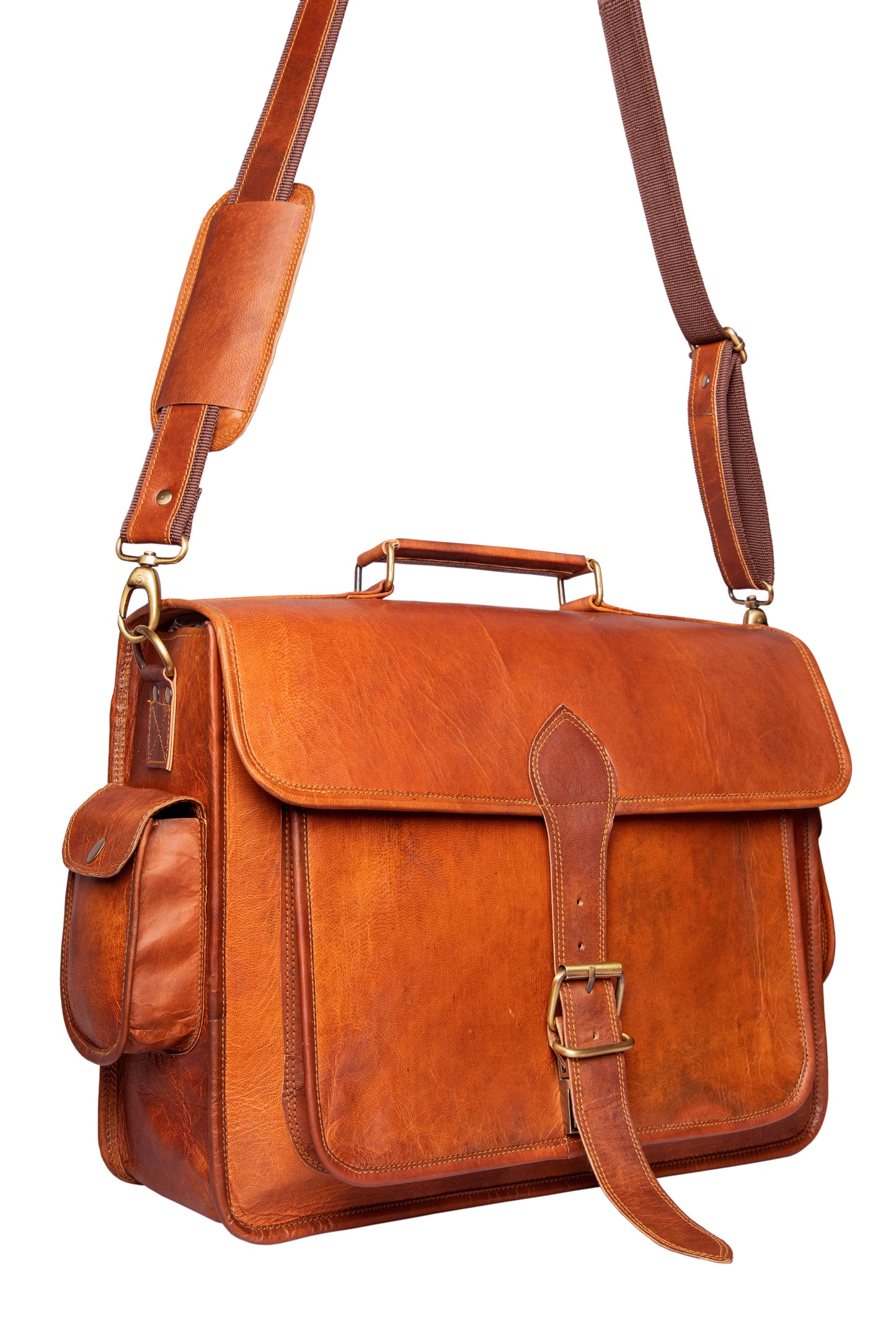 Handmade 16"-18" Brown Leather Crossbody Bag With Large Pocket.