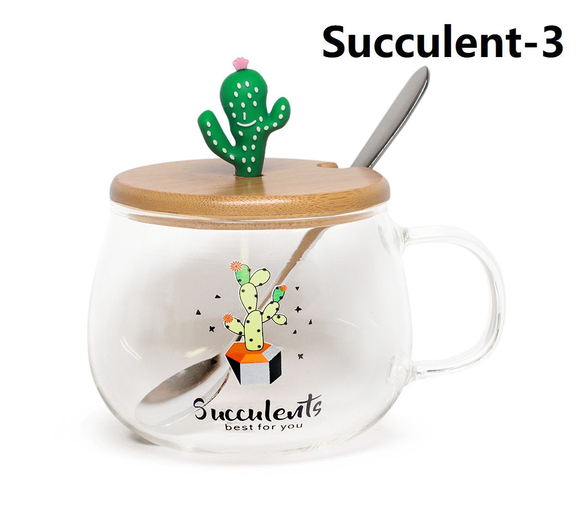 Cute Succulent Mug Glass Mug with Spoon