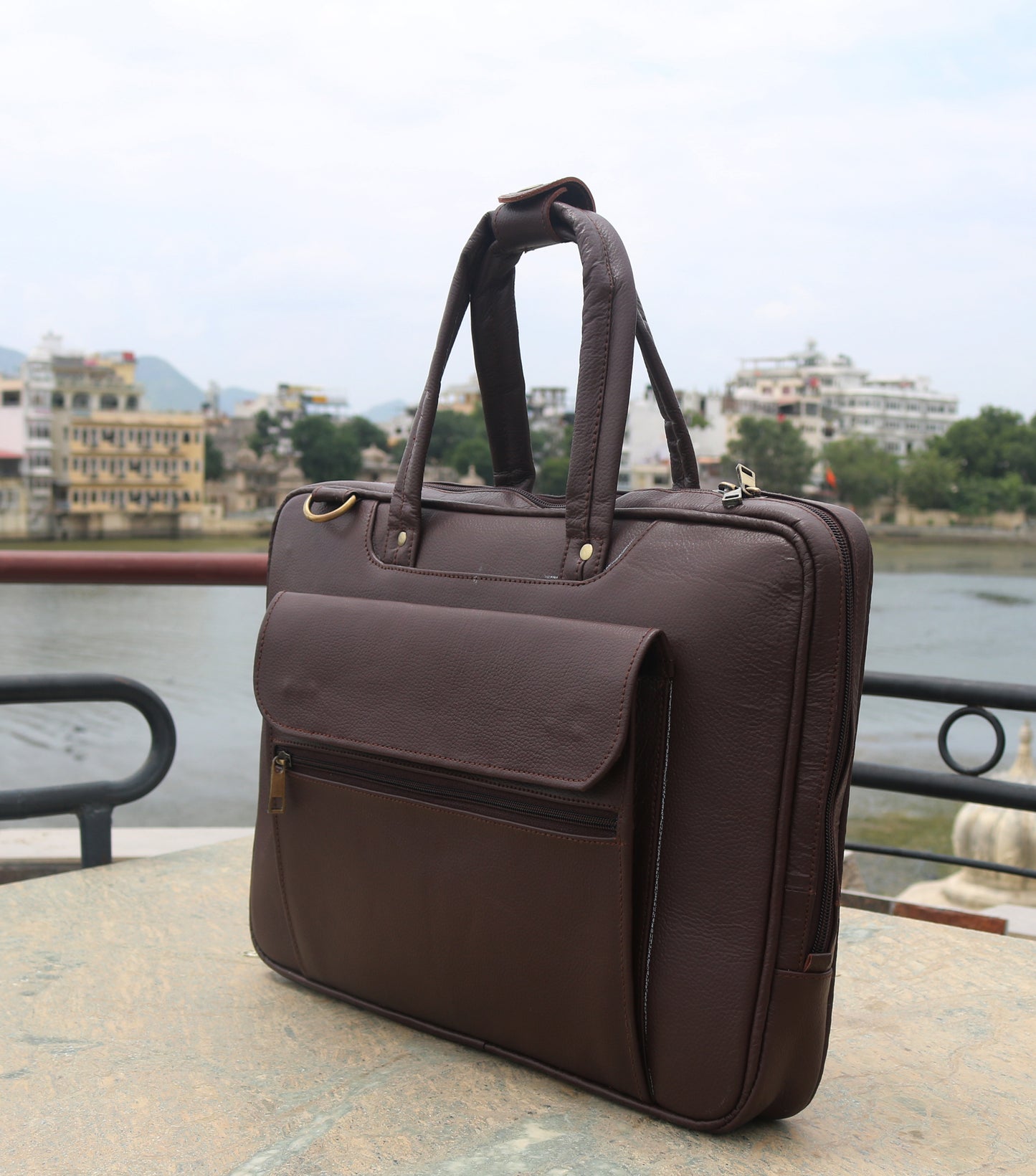 ANUENT 16 Inch Handmade Brown Leather Laptop Briefcase.