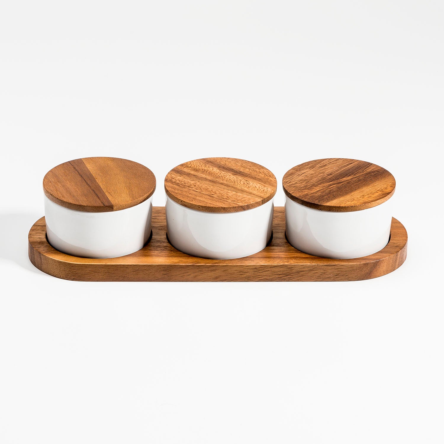 Ceramic Condiment Set on Acacia Wood Base  13" x 3.75" Main image
