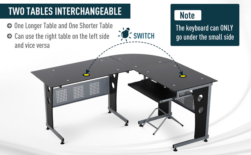 HOMCOM 64 inches Modern L-Shaped Glass Top Office Workstation Computer