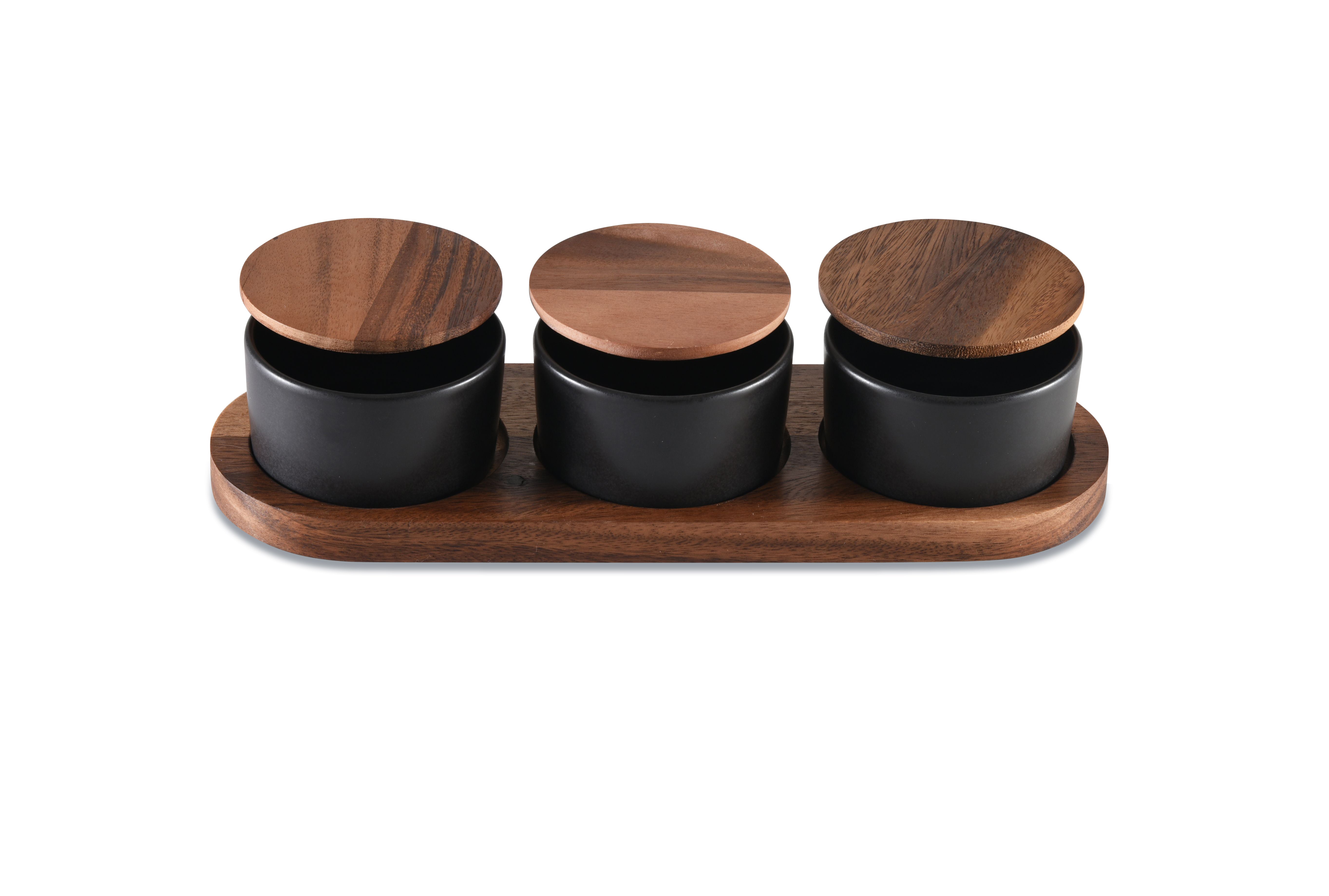 Black Ceramic Condiment Set on Acacia Wood Base Secondary image