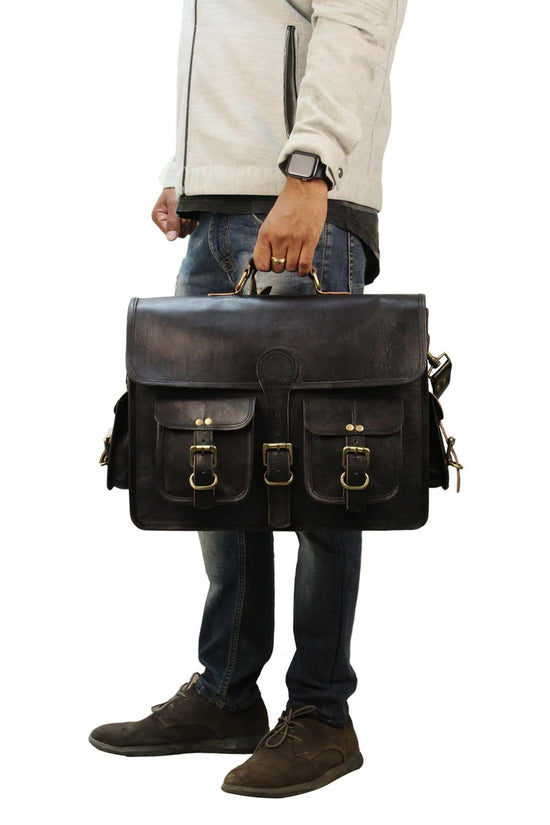 Black Leather Laptop Briefcase Large Satchel Shoulder Messenger Bag