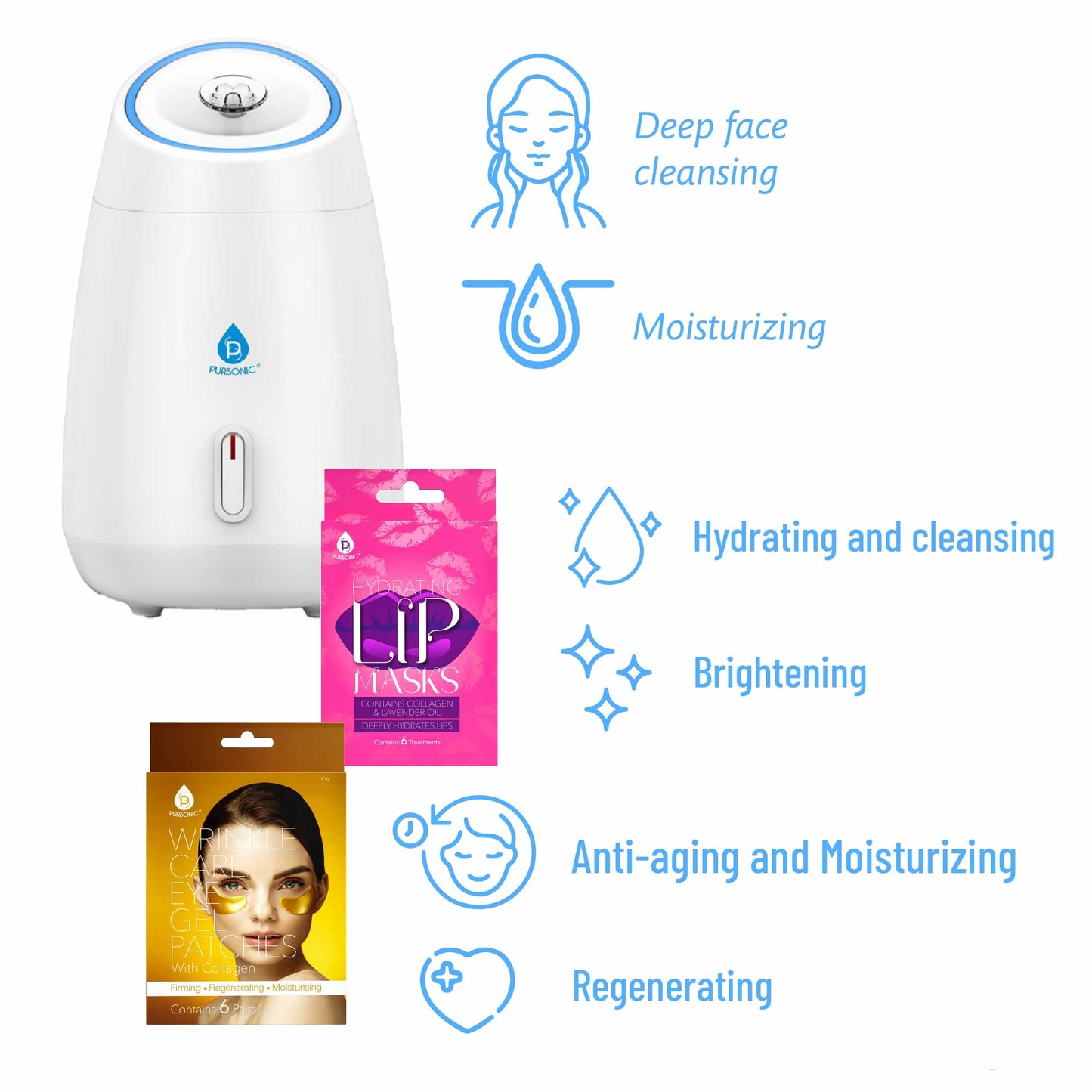 Pursonic Deluxe Facial Steamer with 6 Soothing Eye Masks & 6