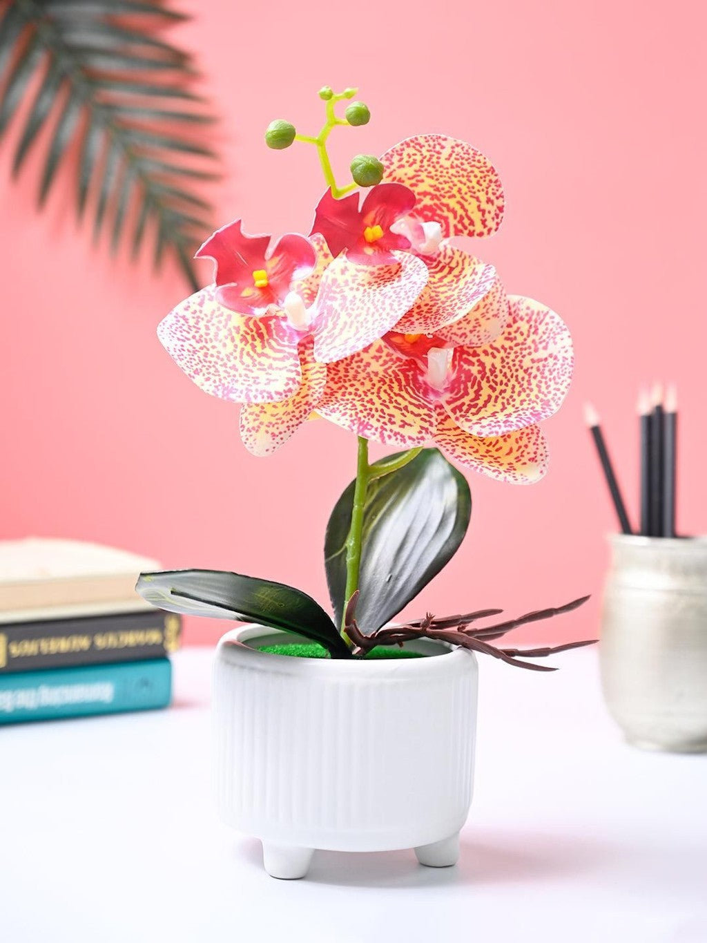 Pink Artificial Orchid Flower With White Pot Main image