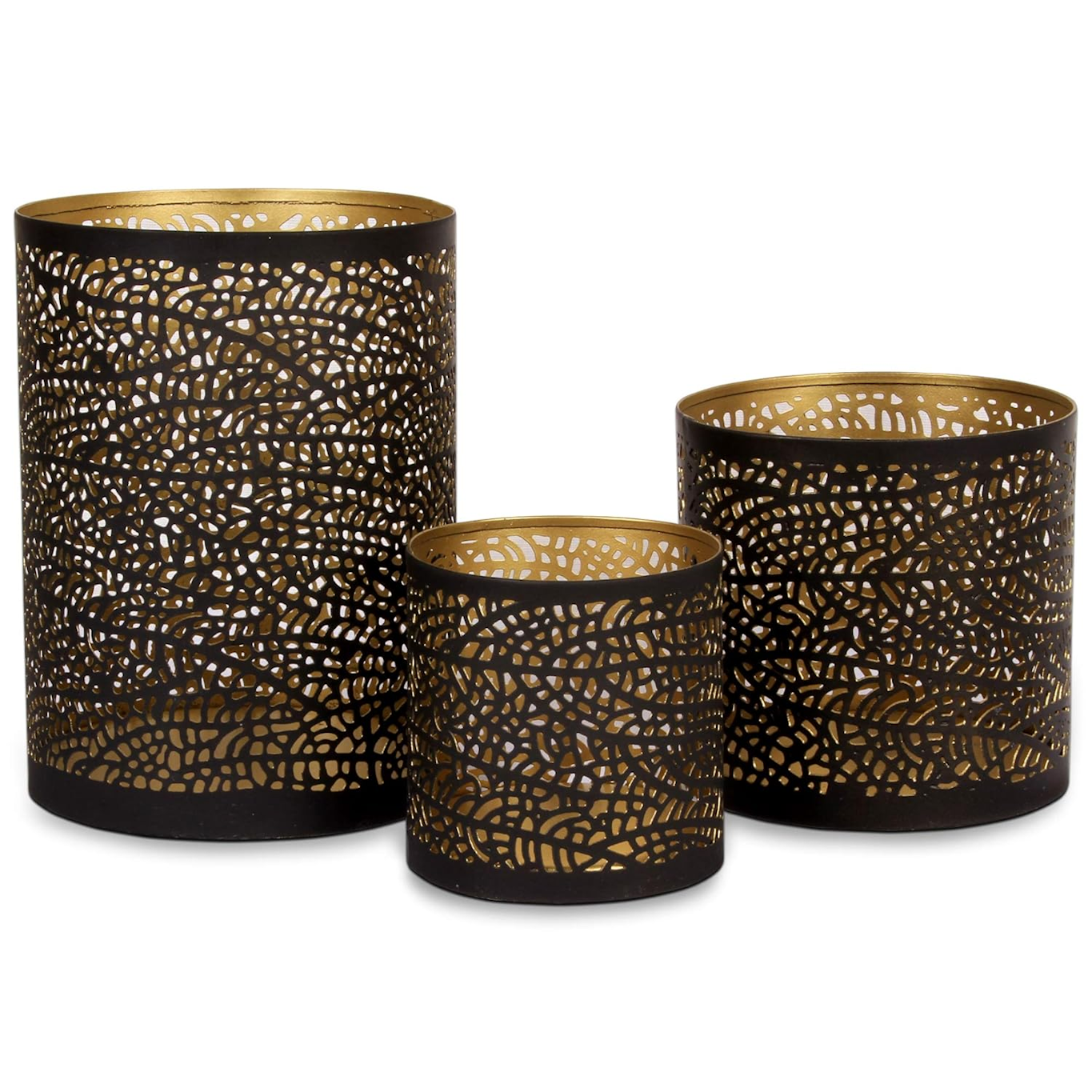 Set of 3 Black and Gold Metal Decorative Hurricane Candle Holders Main image