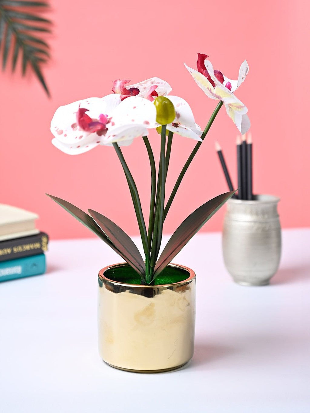 White Artificial Orchid Flower With Golden Pot