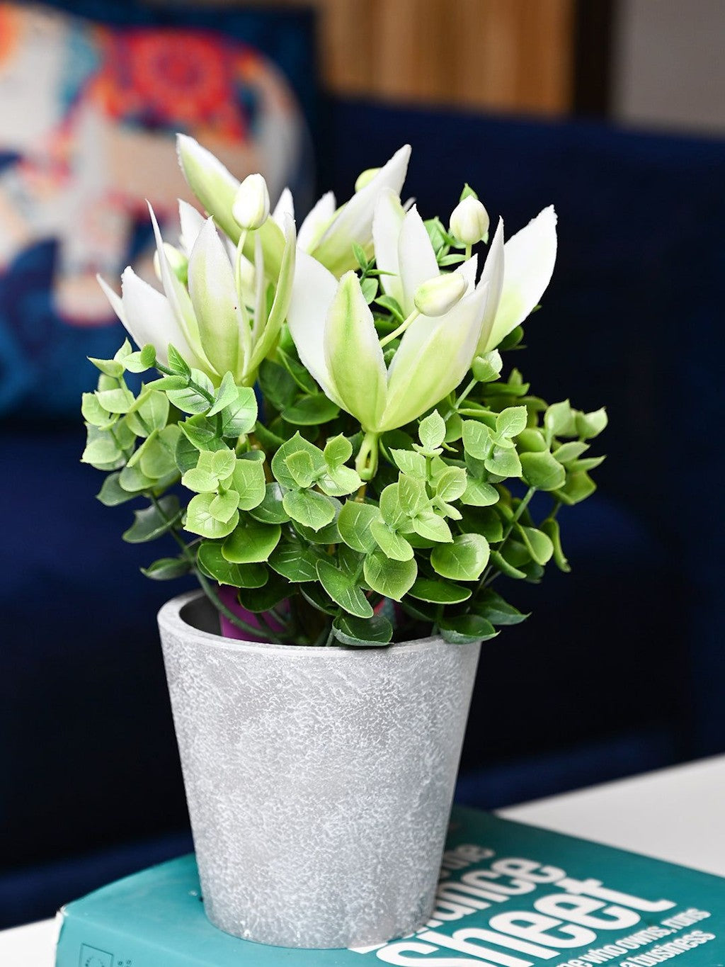 White & Green Artificial Flower with Pot - Cylindrical Shape Main image