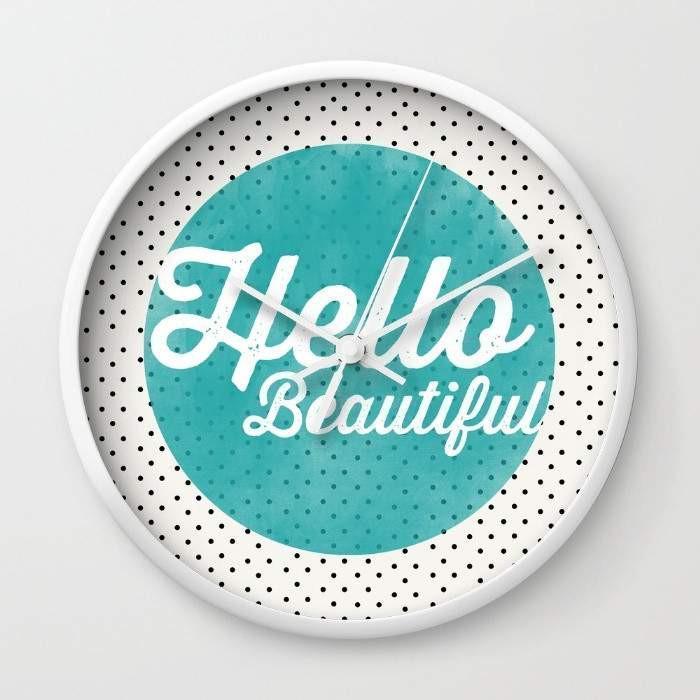 Hello Beautiful Teal Dots typography Wall clock Main image
