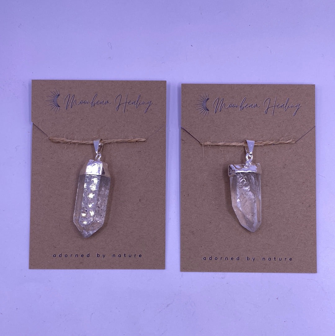 Clear Quartz Rough Cut Silver Electro- Plated Pendant