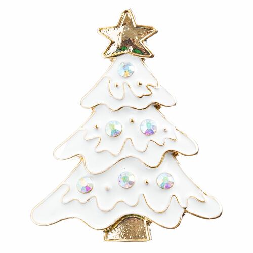 Christmas Jewelry Crystal Rhinestone White Enamel Christmas Tree Pin