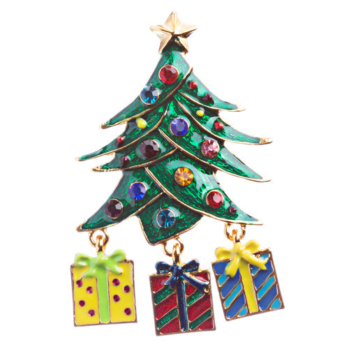 Christmas Jewelry Crystal Rhinestone Holiday Gift Presents Tree Brooch