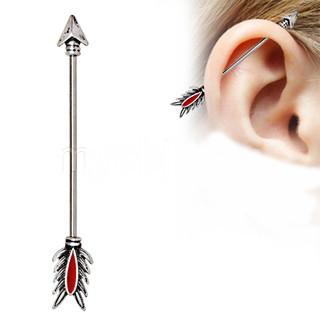 316L Stainless Steel Antique Tribal Arrow Industrial Barbell with Red