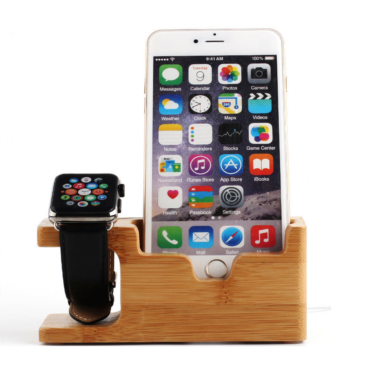 2 in 1 Bamboo Wood Charging Station Stand 3 USB for iPhone & Main image