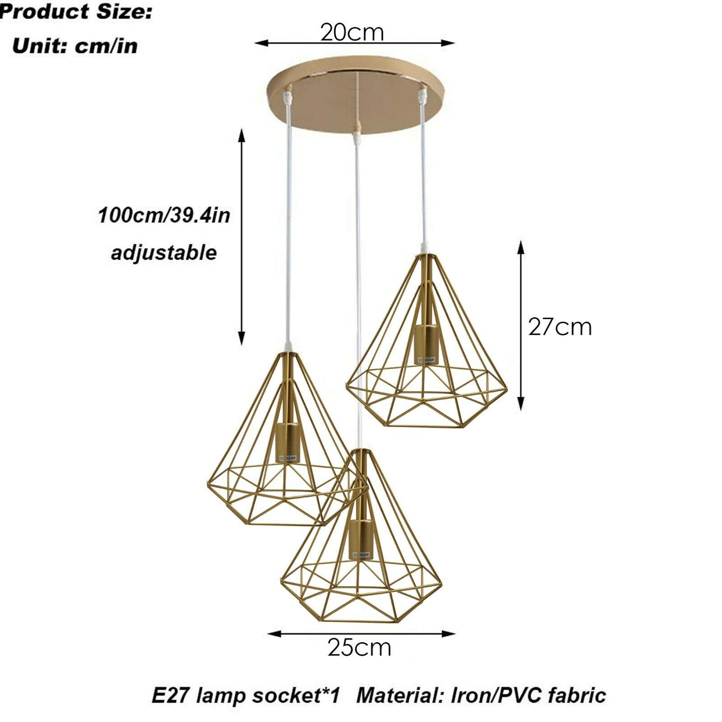 Modern Vintage Industrial Retro Loft 3 Head Ceiling Pendant Lamp