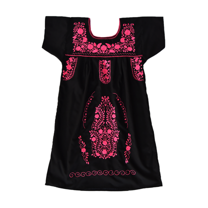 Handmade Loose Black Dress, Hot Pink Embroidery.