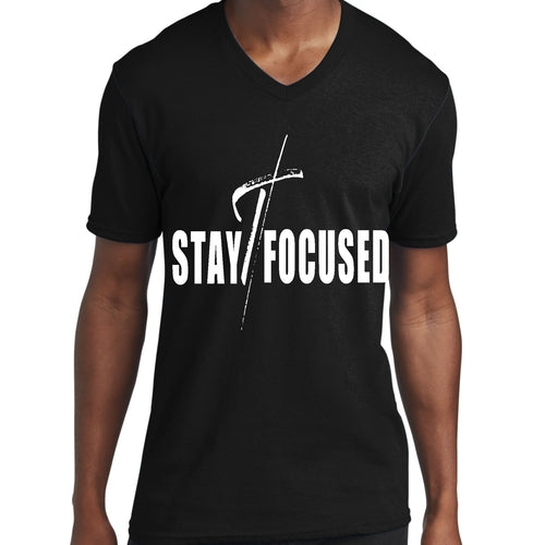 Mens Graphic V-neck T-shirt, Stay Focused White Print