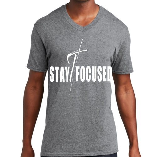 Mens Graphic V-neck T-shirt, Stay Focused White Print