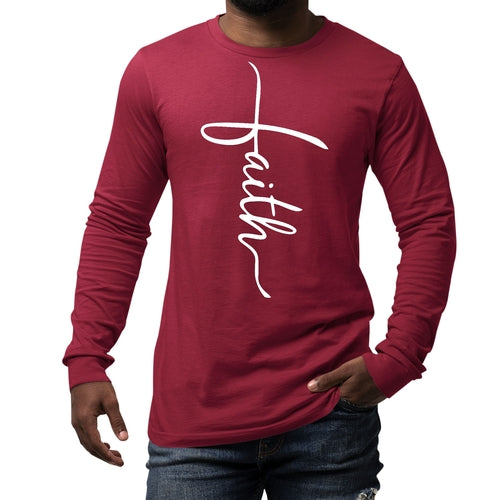 Mens Long Sleeve Graphic T-shirt, Faith Script Cross Illustration