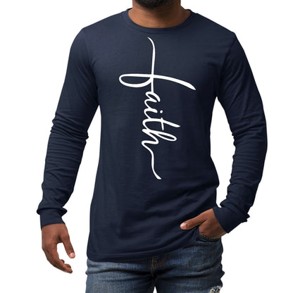 Mens Long Sleeve Graphic T-shirt, Faith Script Cross Illustration