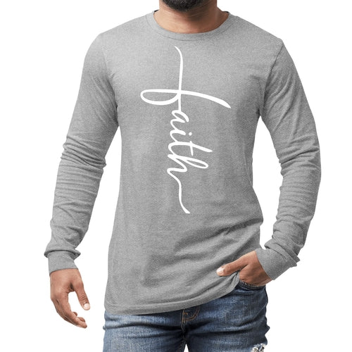 Mens Long Sleeve Graphic T-shirt, Faith Script Cross Illustration