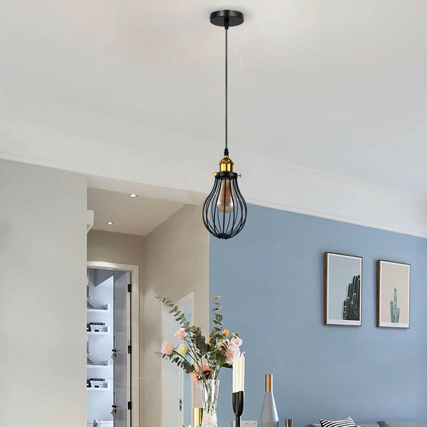 Modern Vintage Industrial Black Metal Wire Cage Loft Pendant Lamp