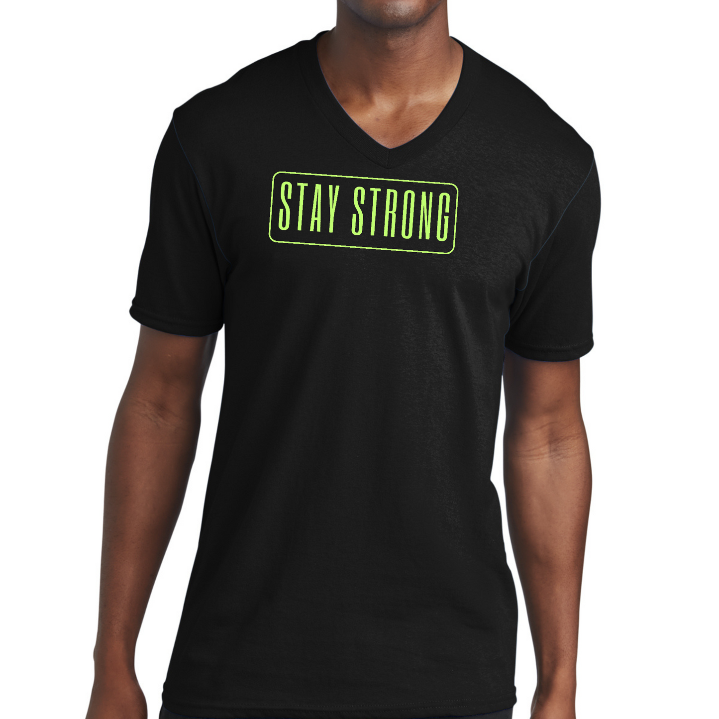 Mens Graphic V-neck T-shirt, Stay Strong Neon Print