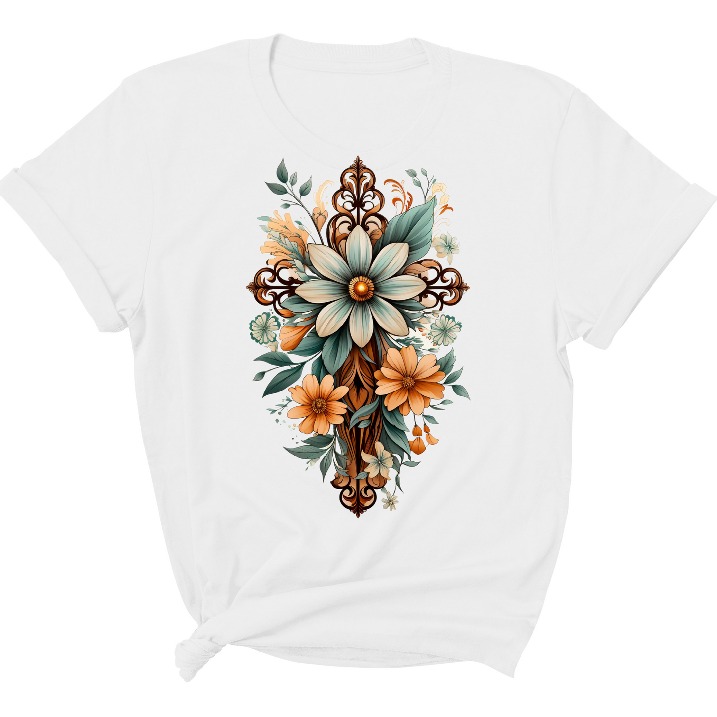 Womens Graphic T-shirt, Christian Cross Floral Bouquet Green and Brown