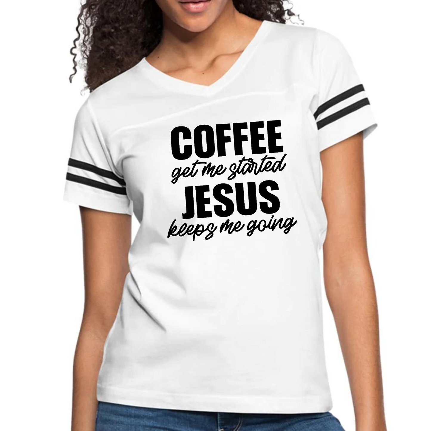 Womens Vintage Sport Graphic T-shirt, Coffee Get me Started, Jesus