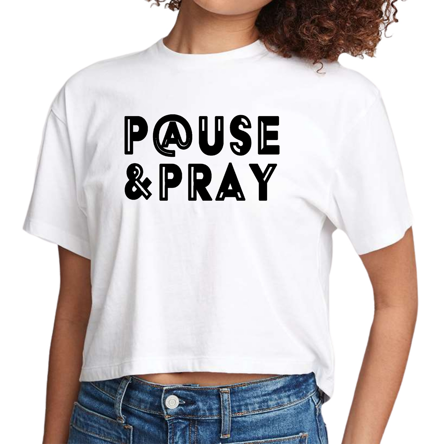 Womens Cropped Graphic T-shirt, Pause and Pray Black Illustration